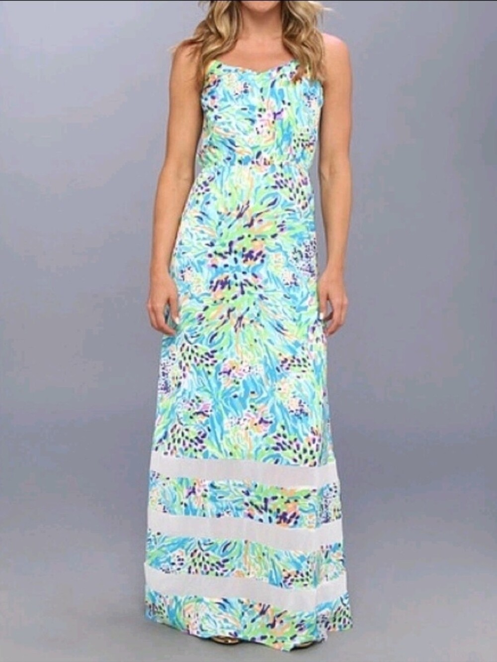 Lilly Pulitzer Deanna Maxi‎ Dress Sea Soiree Print Mesh Blue Green Size XS